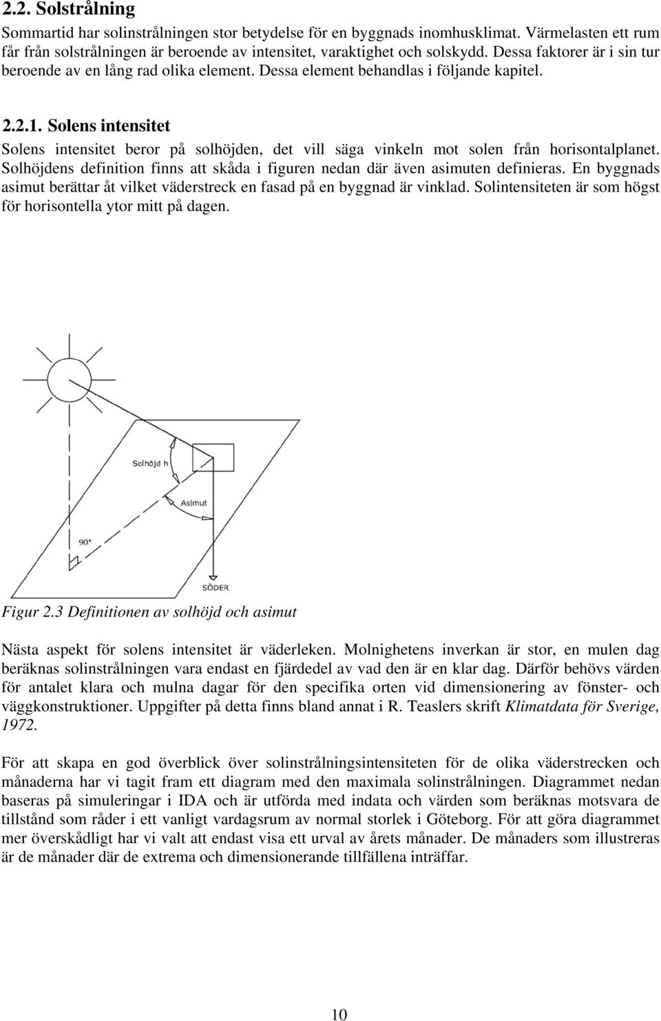 Solens intensitet Solens intensitet beror på solhöjden, det vill säga vinkeln mot solen från horisontalplanet. Solhöjdens definition finns att skåda i figuren nedan där även asimuten definieras.