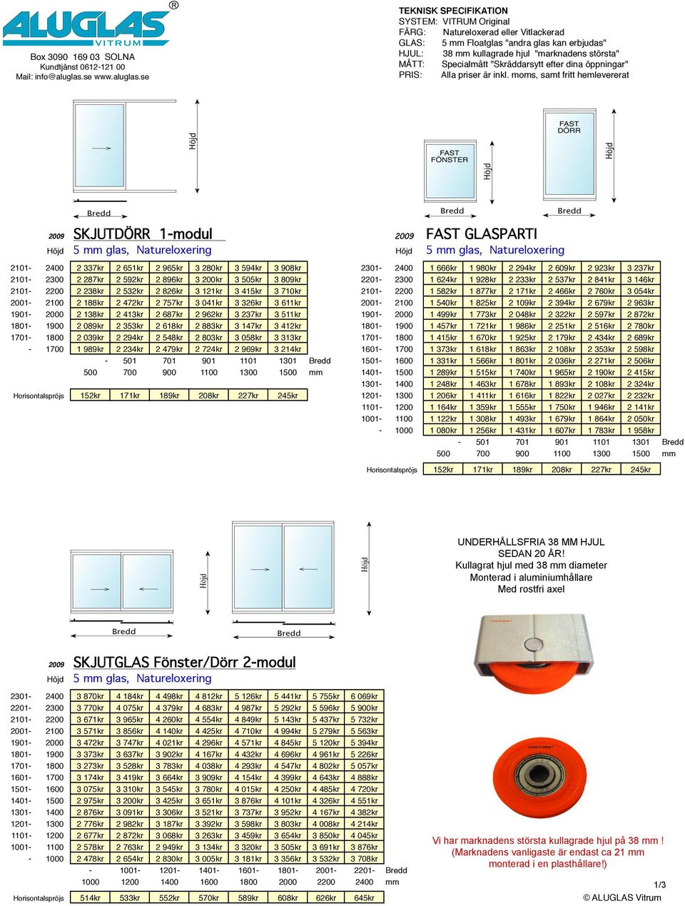 moms, samt fritt hemlevererat" 2009 SKJUTDÖRR 1-modul 2009 FAST GLASPARTI 2101-2400 2 337kr 2 651kr 2 965kr 3 280kr 3 594kr 3 908kr 2301-2400 1 666kr 1 980kr 2 294kr 2 609kr 2 923kr 3 237kr 2101-2300