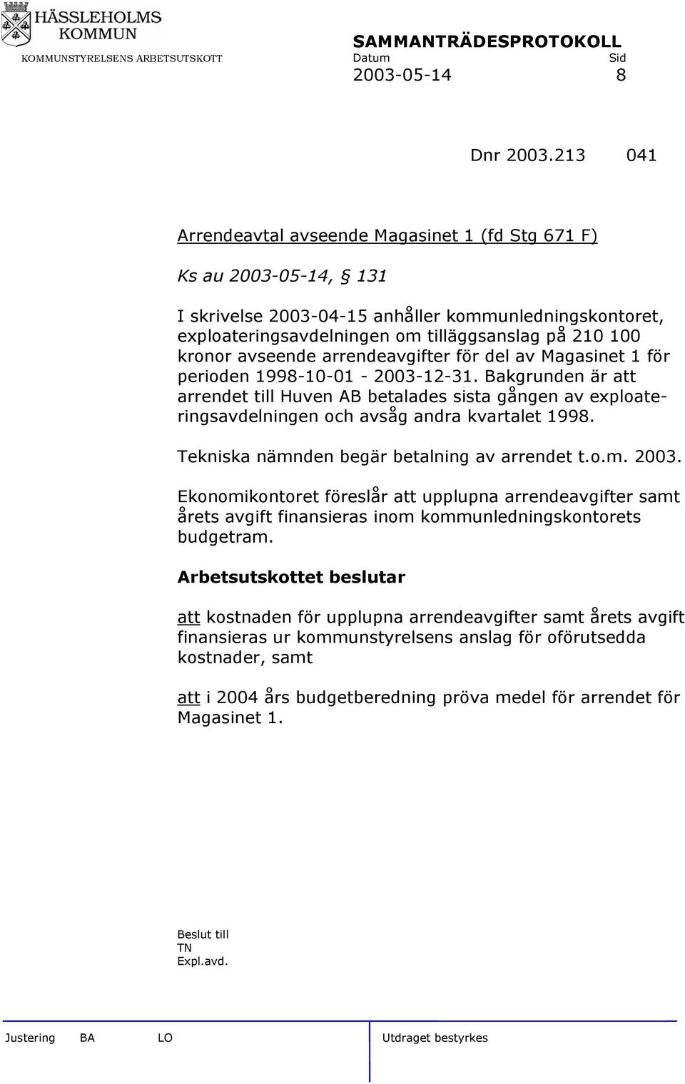 avseende arrendeavgifter för del av Magasinet 1 för perioden 1998-10-01-2003-12-31.