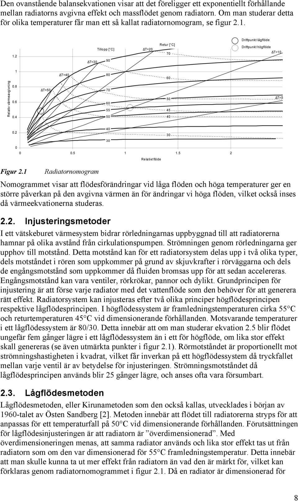 2 T=30 Tillopp [ C] 90 T=20 Retur [ C] 70 Driftpunkt lågflöde Driftpunkt högflöde T=10 1 T=40 80 60 Relativ värmeavgivning 0.8 0.6 0.4 T=50 70 50 60 55 45 50 40 T=5 0.2 0 Figur 2.1 40 30 0 0.5 1 1.