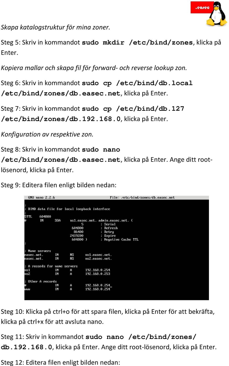 Konfiguration av respektive zon. Steg 8: Skriv in kommandot sudo nano /etc/bind/zones/db.easec.net, klicka på Enter. Ange ditt rootlösenord, klicka på Enter.