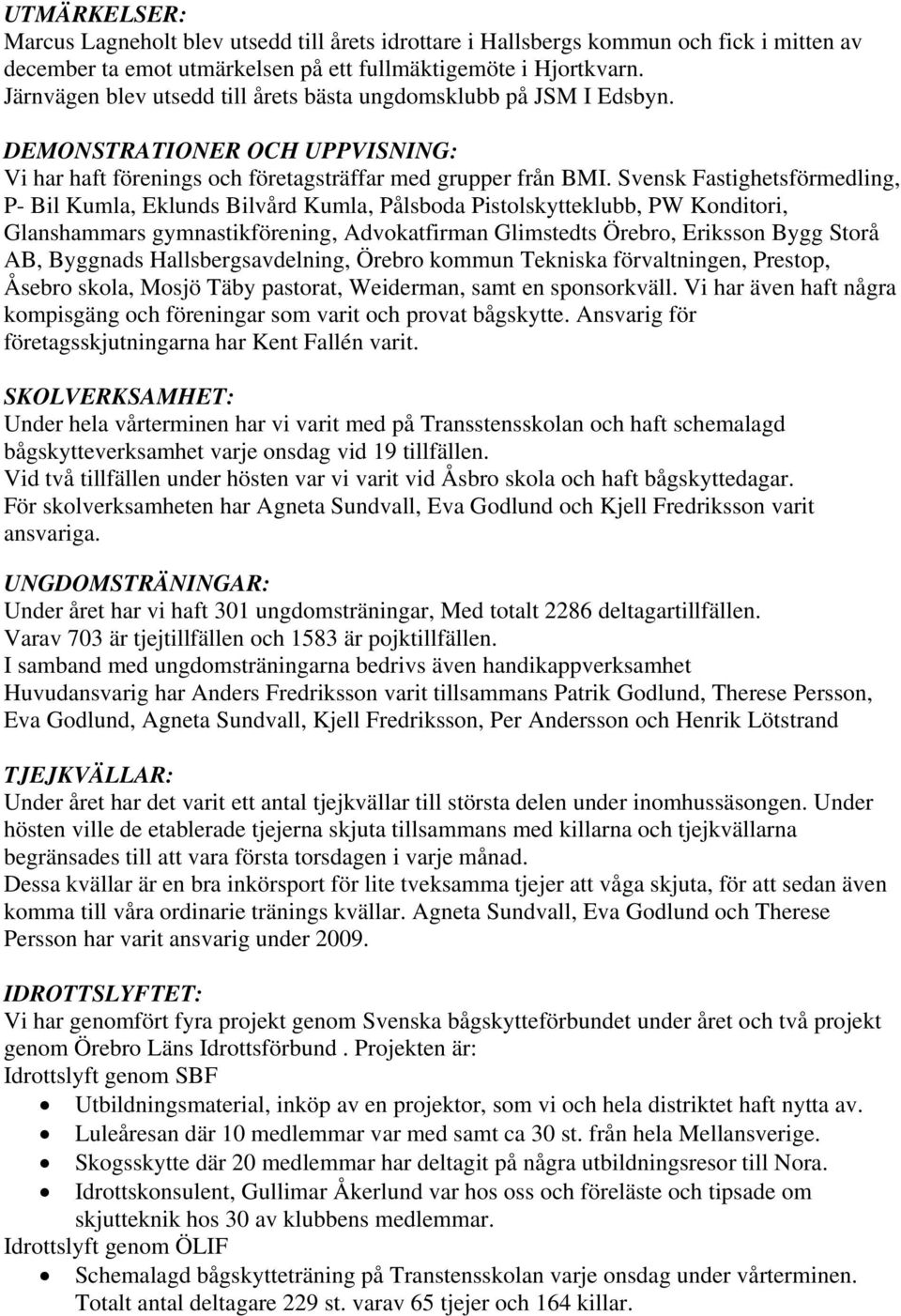 Svensk Fastighetsförmedling, P- Bil Kumla, Eklunds Bilvård Kumla, Pålsboda Pistolskytteklubb, PW Konditori, Glanshammars gymnastikförening, Advokatfirman Glimstedts Örebro, Eriksson Bygg Storå AB,