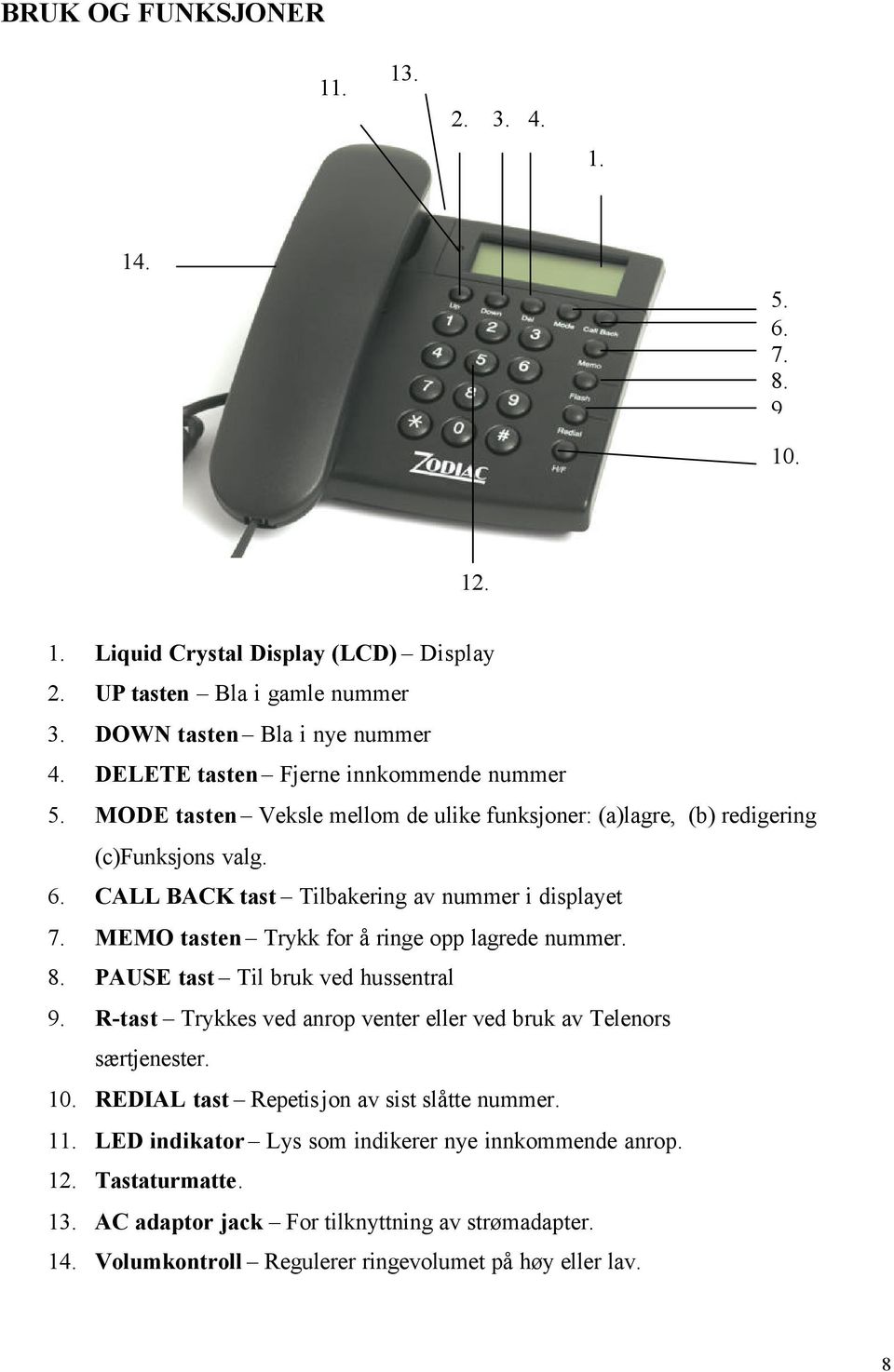 MEMO tasten Trykk for å ringe opp lagrede nummer. 8. PAUSE tast Til bruk ved hussentral 9. R-tast Trykkes ved anrop venter eller ved bruk av Telenors særtjenester. 10.