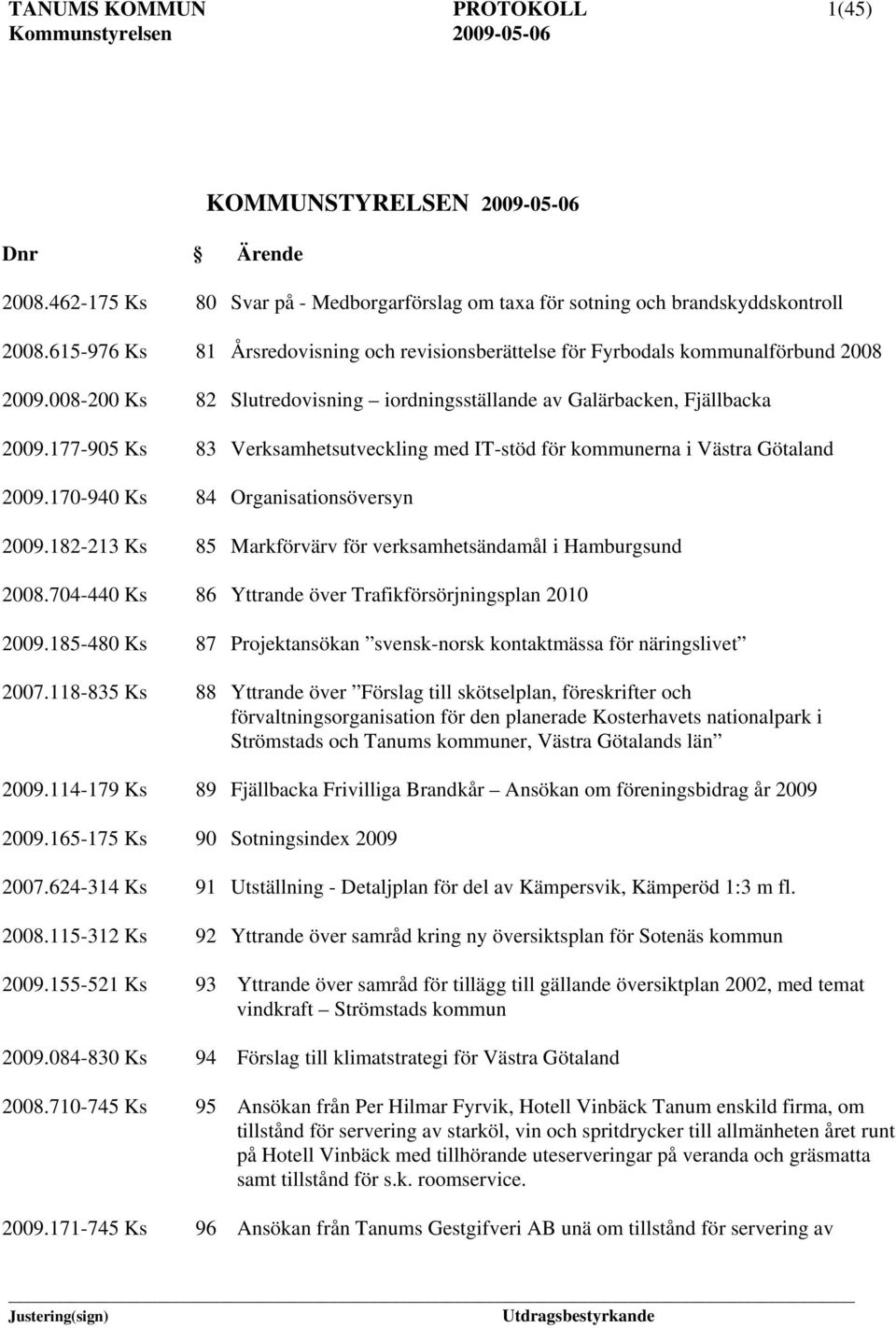 177-905 Ks 83 Verksamhetsutveckling med IT-stöd för kommunerna i Västra Götaland 2009.170-940 Ks 84 Organisationsöversyn 2009.182-213 Ks 85 Markförvärv för verksamhetsändamål i Hamburgsund 2008.