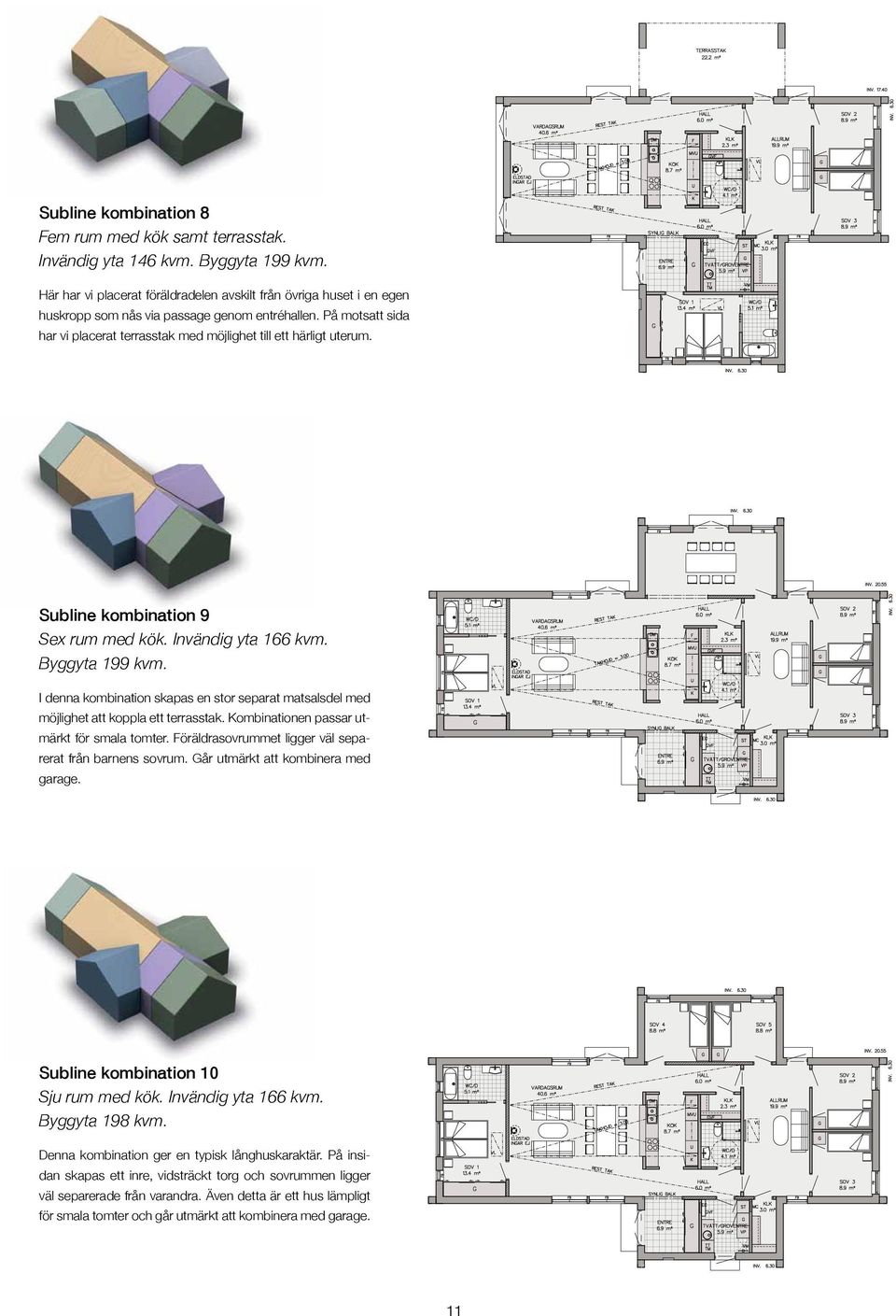 Subline kombination 9 Sex rum med kök. Invändig yta 166 kvm. Byggyta 199 kvm. I denna kombination skapas en stor separat matsalsdel med möjlighet att koppla ett terrasstak.