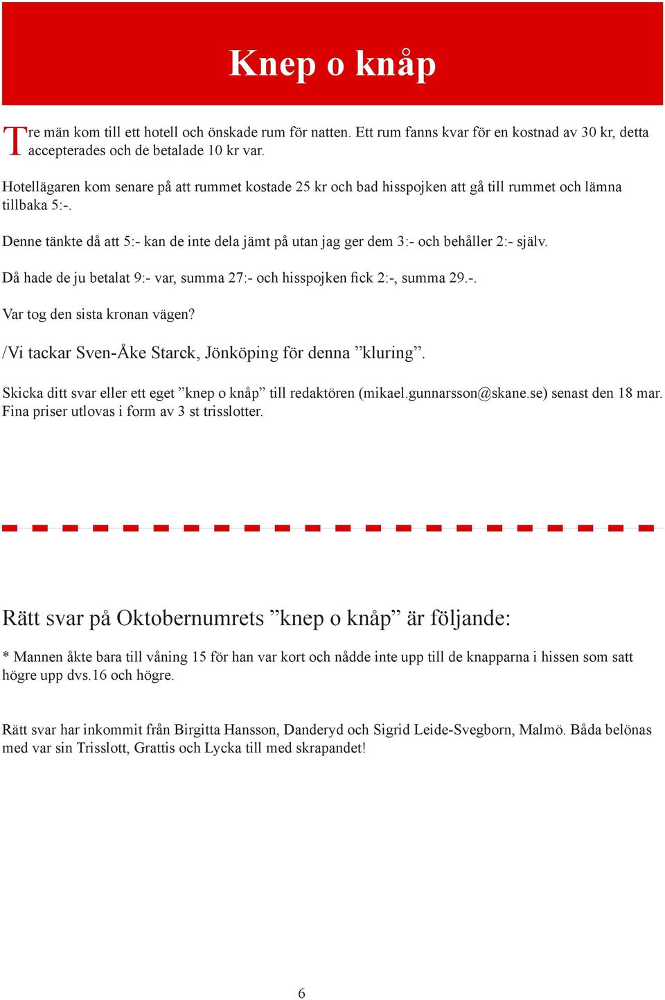 Denne tänkte då att 5:- kan de inte dela jämt på utan jag ger dem 3:- och behåller 2:- själv. Då hade de ju betalat 9:- var, summa 27:- och hisspojken ck 2:-, summa 29.-. Var tog den sista kronan vägen?