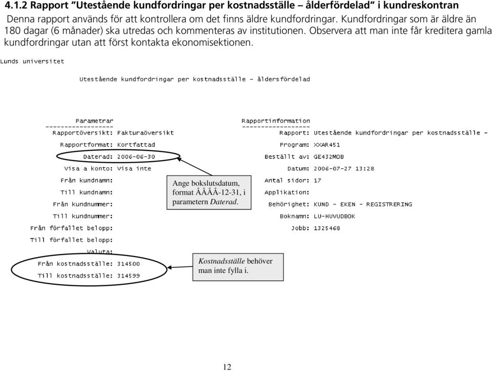 Kundfordringar som är äldre än 180 dagar (6 månader) ska utredas och kommenteras av institutionen.