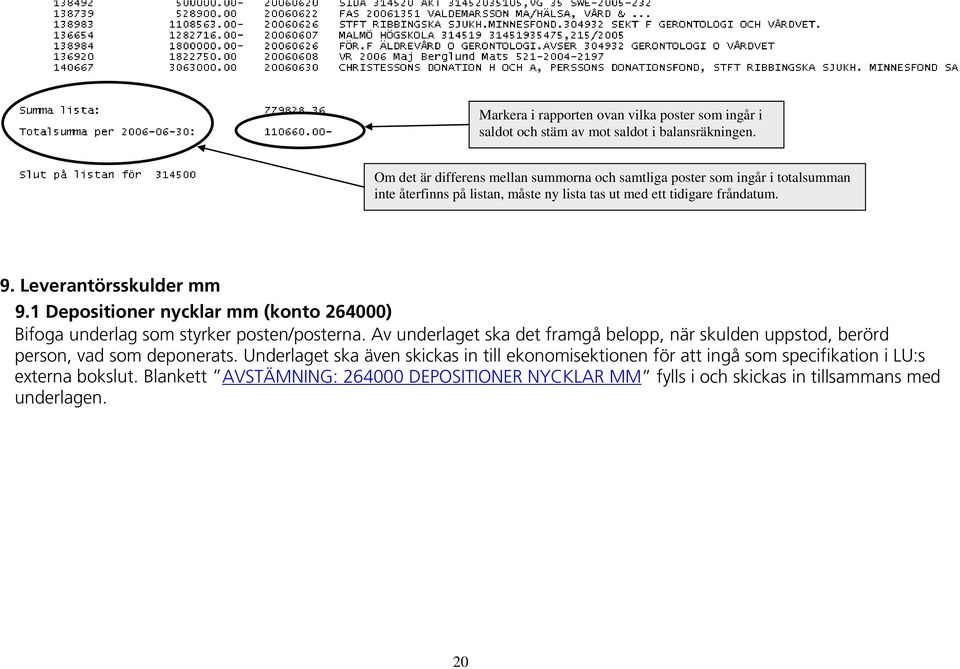 Leverantörsskulder mm 9.1 Depositioner nycklar mm (konto 264000) Bifoga underlag som styrker posten/posterna.