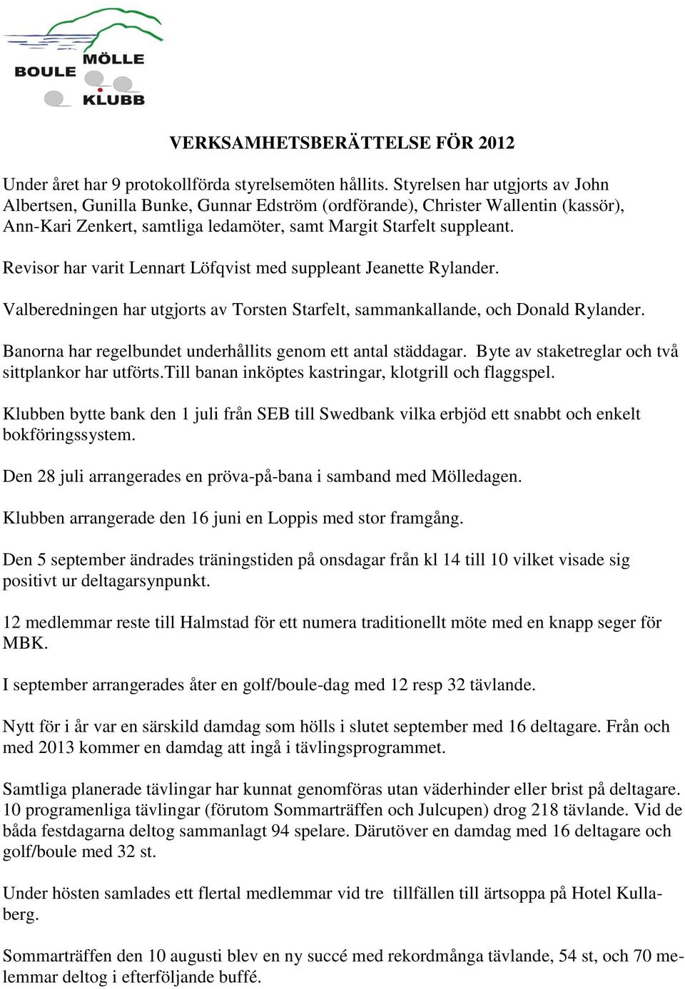 Revisor har varit Lennart Löfqvist med suppleant Jeanette Rylander. Valberedningen har utgjorts av Torsten Starfelt, sammankallande, och Donald Rylander.