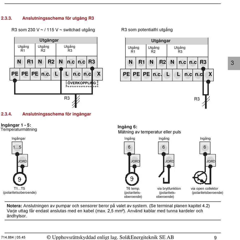 Anslutningsschema för ingångar Ingångar 1-5: Temperaturmätning Ingång 6: Mätning av temperatur eller puls Ingångar Ingång Ingång Ingång 1...5 6 6 6 JORD JORD JORD JORD ϑ ϑ T1...T5 T6 temp.