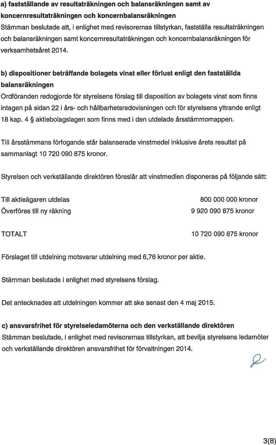 b) dispositioner beträffande bolagets vinst eller förlust enligt den fastställda balansräkningen Ordföranden redogjorde for styrelsens forslag till disposition av bolagets vinst som finns intagen pa