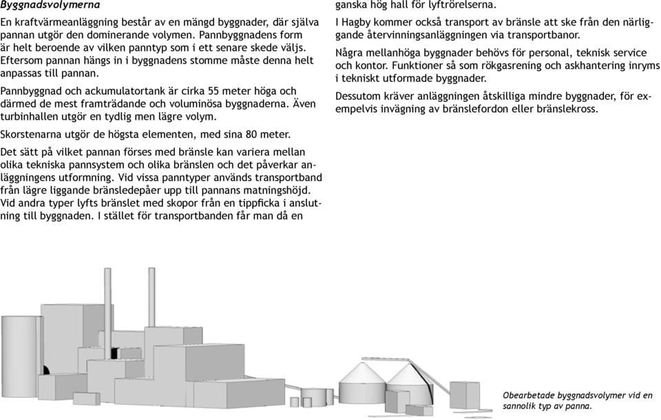 Pannbyggnad och ackumulatortank är cirka 55 meter höga och därmed de mest framträdande och voluminösa byggnaderna. Även turbinhallen utgör en tydlig men lägre volym.