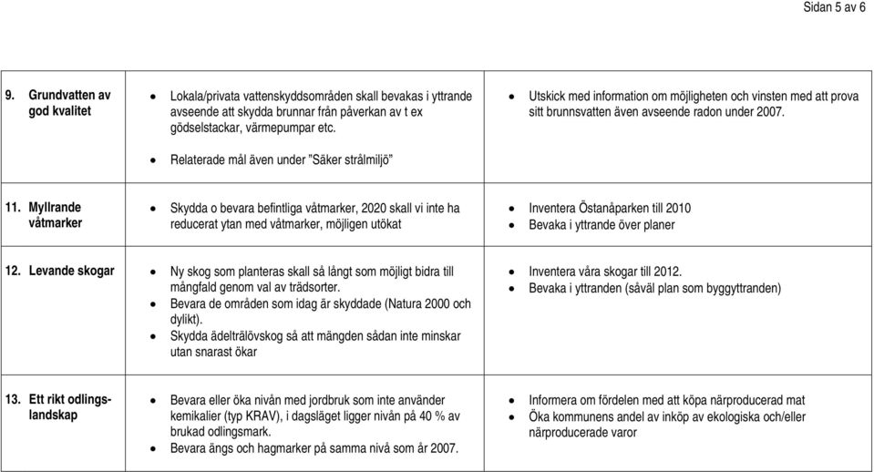 Myllrande våtmarker Skydda o bevara befintliga våtmarker, 2020 skall vi inte ha reducerat ytan med våtmarker, möjligen utökat Inventera Östanåparken till 2010 Bevaka i yttrande över planer 12.