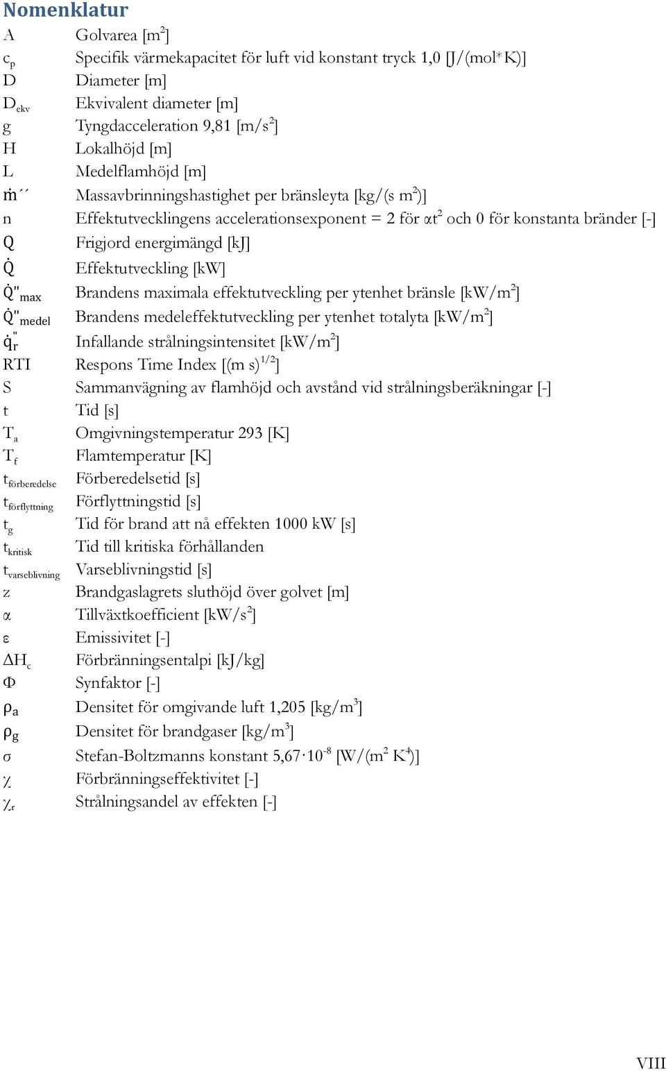 Effektutveckling [kw] Q " max Brandens maximala effektutveckling per ytenhet bränsle [kw/m 2 ] Q " medel Brandens medeleffektutveckling per ytenhet totalyta [kw/m 2 ] q " r Infallande