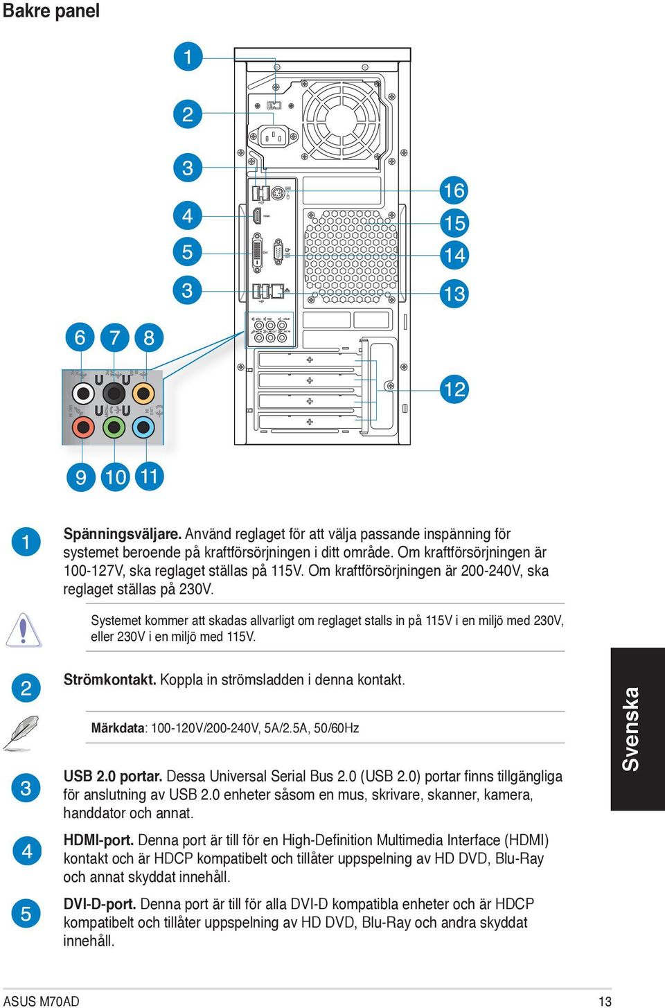 Systemet kommer att skadas allvarligt om reglaget stalls in på 115V i en miljö med 230V, eller 230V i en miljö med 115V. Strömkontakt. Koppla in strömsladden i denna kontakt.