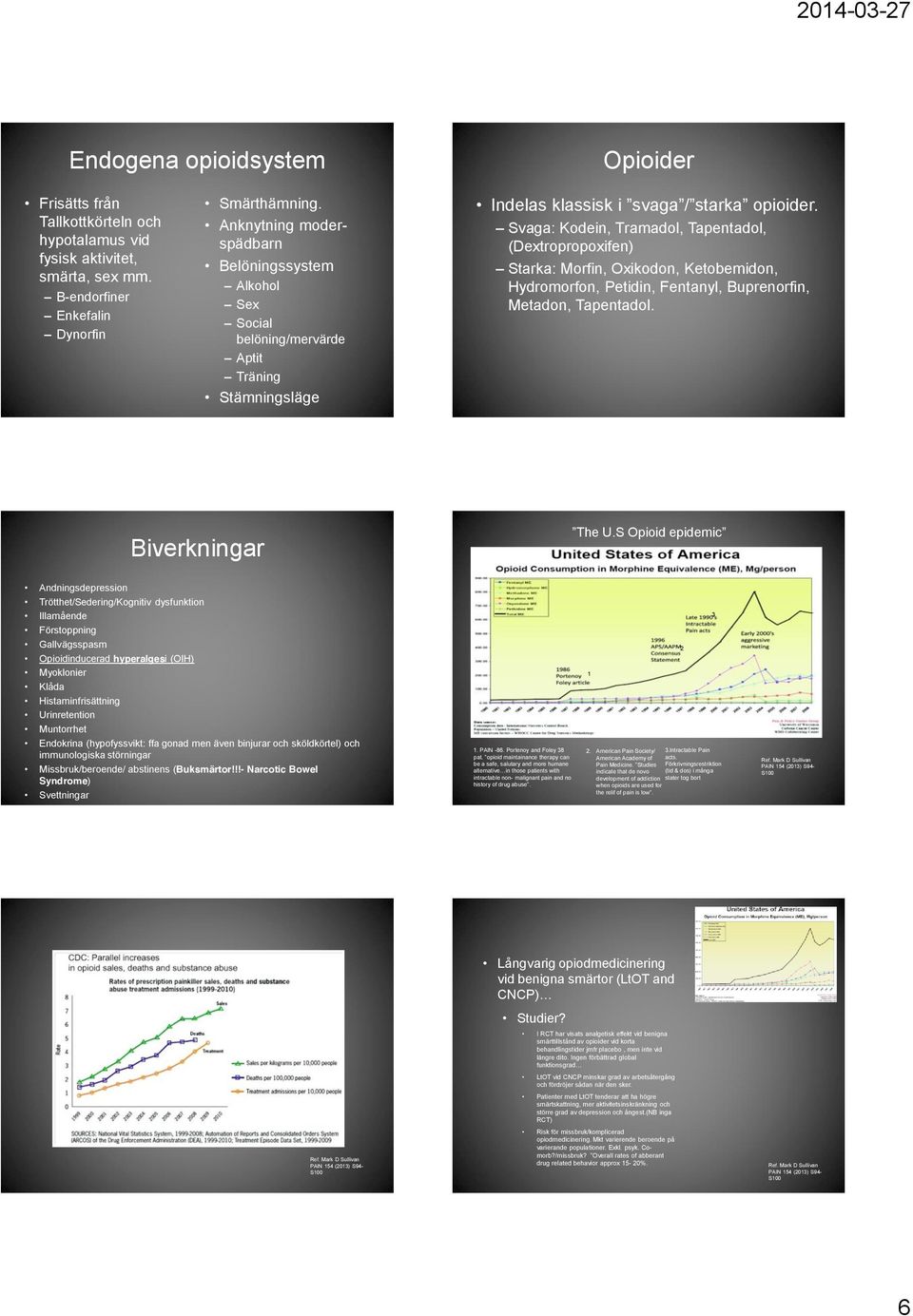 Svaga: Kodein, Tramadol, Tapentadol, (Dextropropoxifen) Starka: Morfin, Oxikodon, Ketobemidon, Hydromorfon, Petidin, Fentanyl, Buprenorfin, Metadon, Tapentadol. Biverkningar The U.