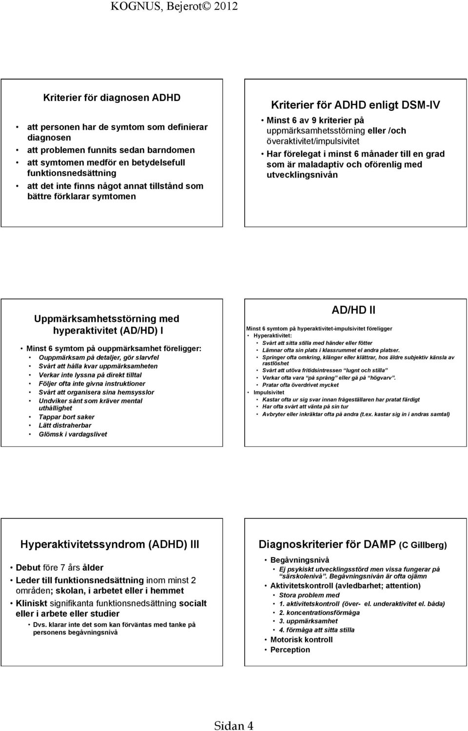 månader till en grad som är maladaptiv oc oförenlig med utvecklingsnivån Uppmärksametsstörning med yperaktivitet (AD/HD) I Minst 6 symtom på ouppmärksamet föreligger: Ouppmärksam på detaljer, gör