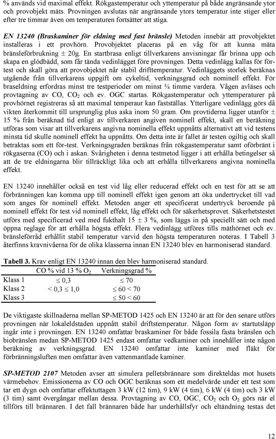 EN 13240 (Braskaminer för eldning med fast bränsle) Metoden innebär att provobjektet installeras i ett provhörn. Provobjektet placeras på en våg för att kunna mäta bränsleförbrukning ± 20g.