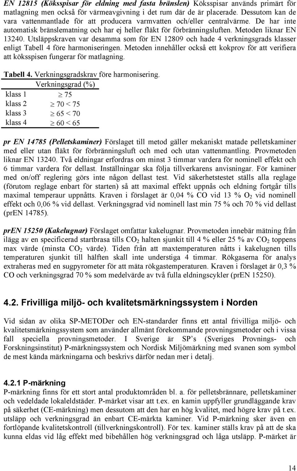 Utsläppskraven var desamma som för EN 12809 och hade 4 verkningsgrads klasser enligt Tabell 4 före harmoniseringen.