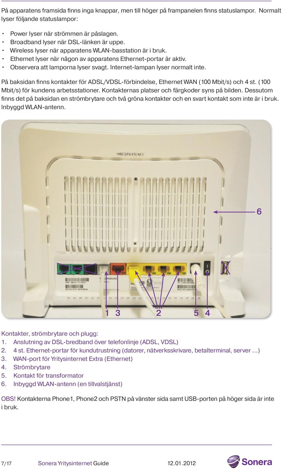 Internet-lampan lyser normalt inte. På baksidan finns kontakter för ADSL/VDSL-förbindelse, Ethernet WAN (100 Mbit/s) och 4 st. (100 Mbit/s) för kundens arbetsstationer.