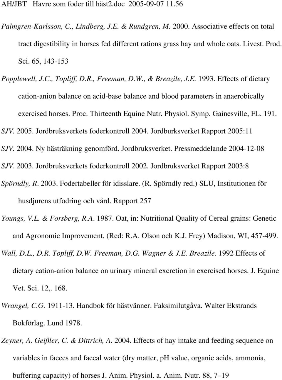 Proc. Thirteenth Equine Nutr. Physiol. Symp. Gainesville, FL. 191. SJV. 2005. Jordbruksverkets foderkontroll 2004. Jordburksverket Rapport 2005:11 SJV. 2004. Ny hästräkning genomförd. Jordbruksverket. Pressmeddelande 2004-12-08 SJV.