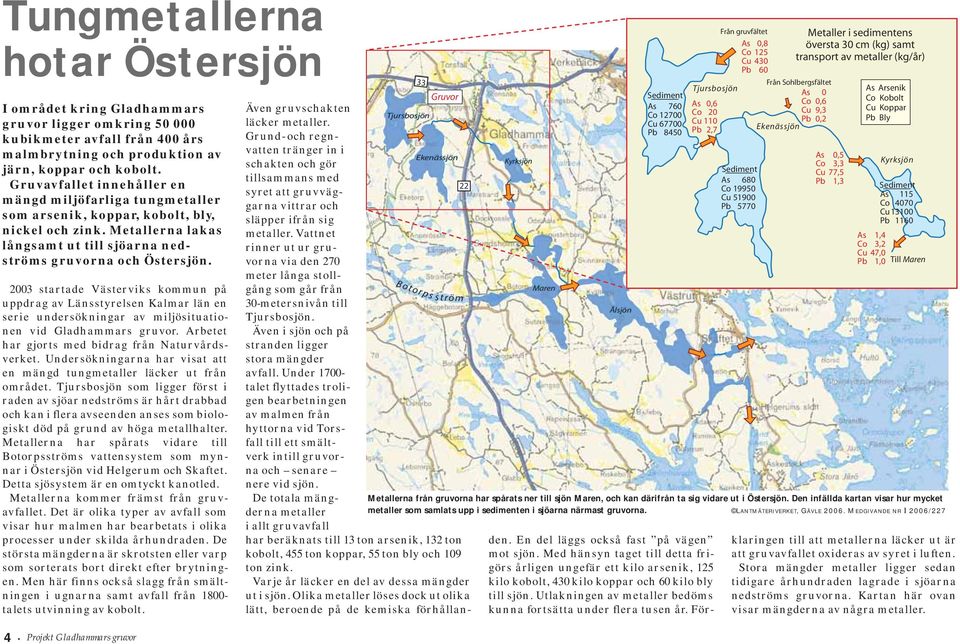 2003 startade Västerviks kommun på uppdrag av Länsstyrelsen Kalmar län en serie undersökningar av miljösituationen vid Gladhammars gruvor. Arbetet har gjorts med bidrag från Naturvårdsverket.