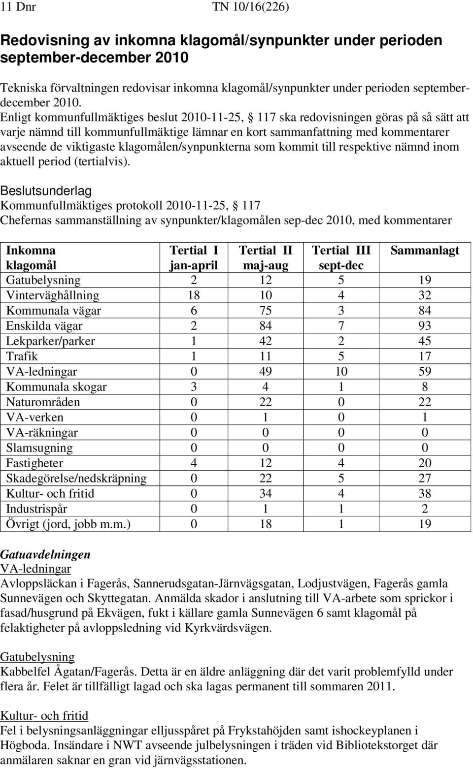 klagomålen/synpunkterna som kommit till respektive nämnd inom aktuell period (tertialvis).