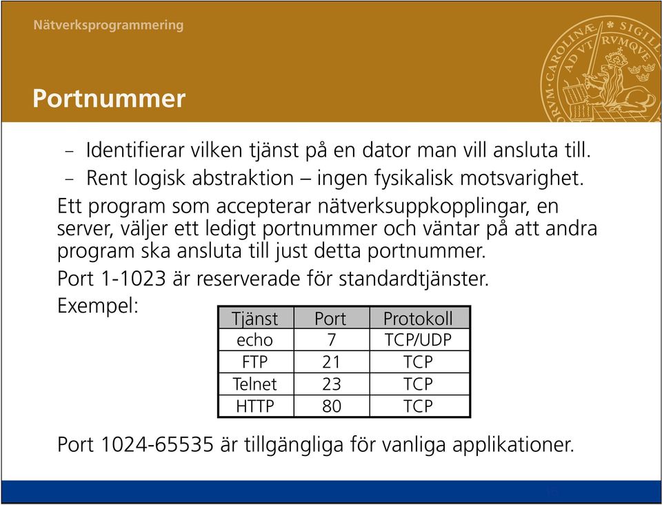 Ett program som accepterar nätverksuppkopplingar, en server, väljer ett ledigt portnummer och väntar på att andra