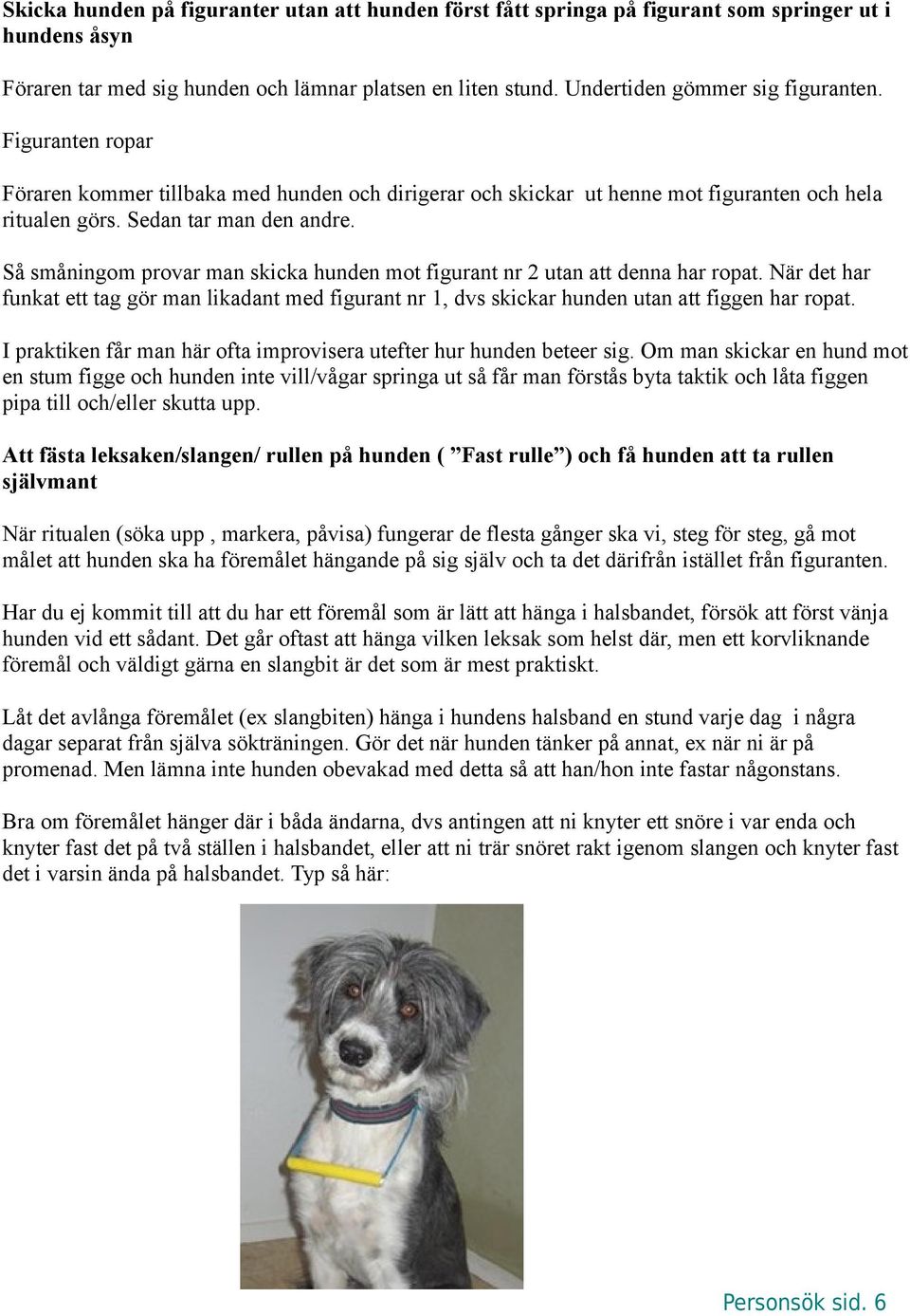 Så småningom provar man skicka hunden mot figurant nr 2 utan att denna har ropat. När det har funkat ett tag gör man likadant med figurant nr 1, dvs skickar hunden utan att figgen har ropat.