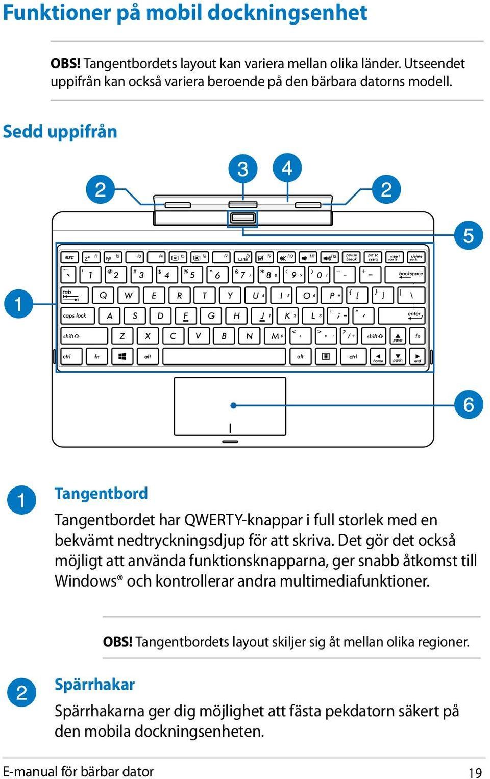 Sedd uppifrån Tangentbord Tangentbordet har QWERTY-knappar i full storlek med en bekvämt nedtryckningsdjup för att skriva.