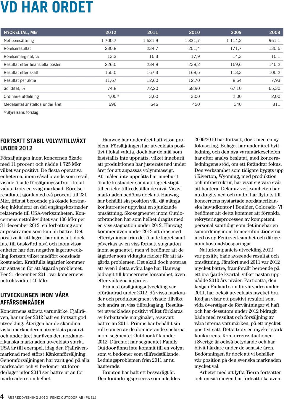 65,30 Ordinarie utdelning 4,00 1) 3,00 3,00 2,00 2,00 Medelantal anställda under året 696 646 420 340 311 1) Styrelsens förslag FORTSATT STABIL VOLYMTILLVÄXT UNDER 2012 Försäljningen inom koncernen