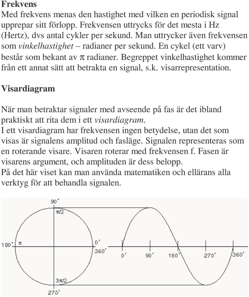 Begreppet vinkelhastighet kommer från ett annat sätt att betrakta en signal, s.k. visarrepresentation.