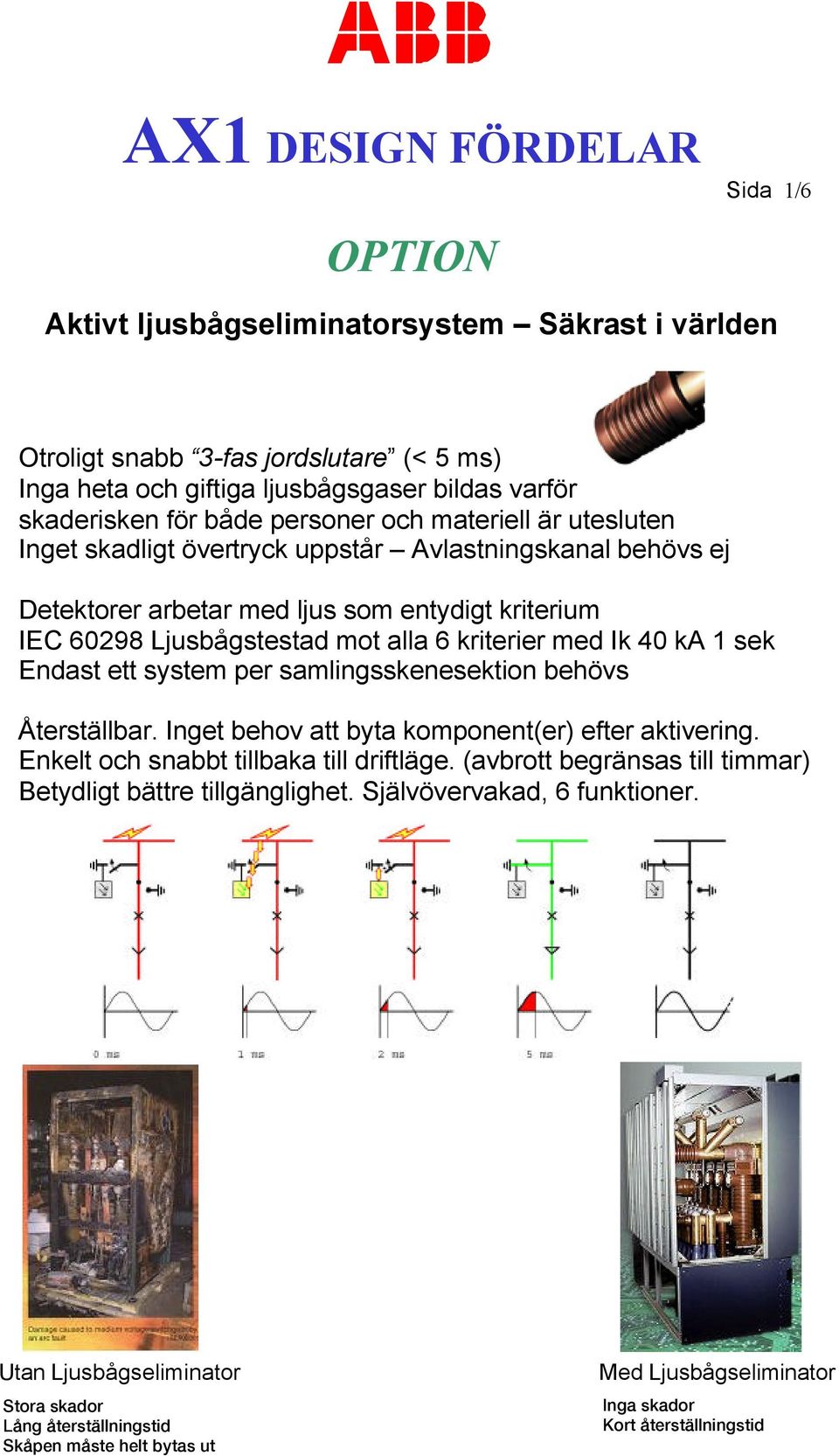 Ljusbågstestad mot alla 6 kriterier med Ik 40 ka 1 sek Endast ett system per samlingsskenesektion behövs Återställbar. Inget behov att byta komponent(er) efter aktivering.