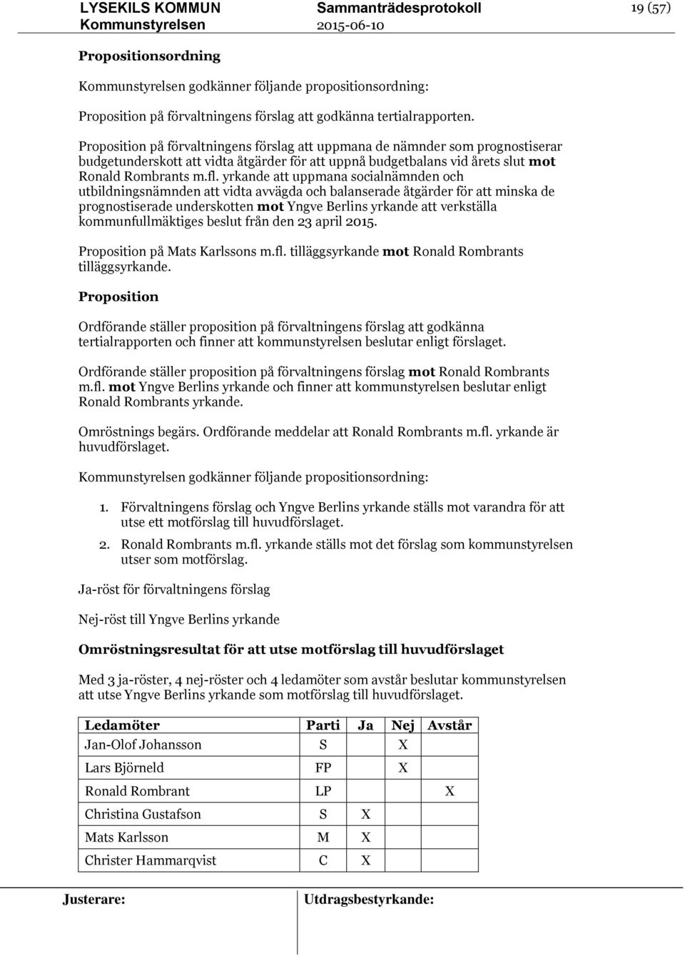 yrkande att uppmana socialnämnden och utbildningsnämnden att vidta avvägda och balanserade åtgärder för att minska de prognostiserade underskotten mot Yngve Berlins yrkande att verkställa