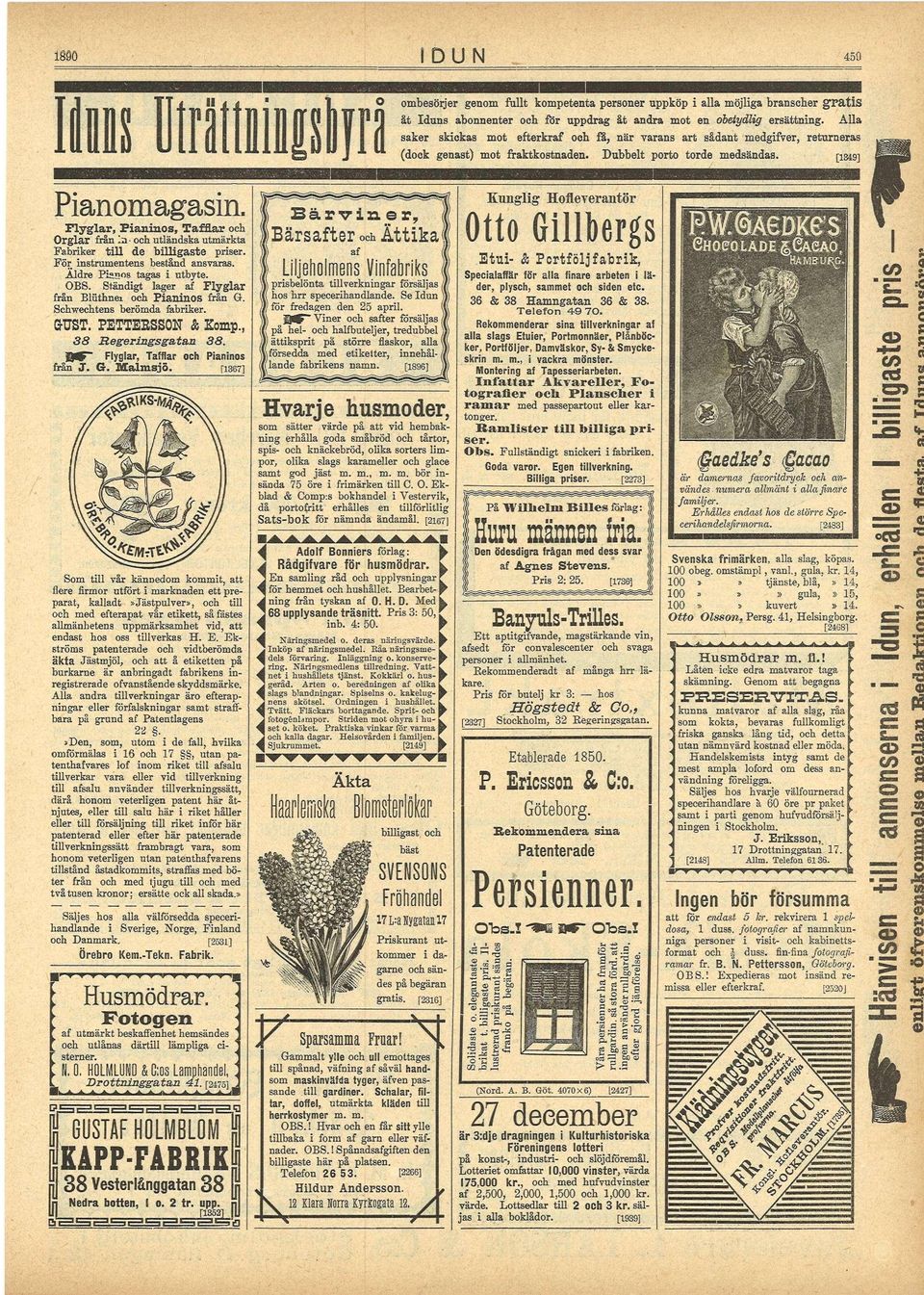 . tändgt lager F l y g l a r från luthne ann från. chwechts berömda fabrker. egerngsgatan J. n e tu ljeholms Vnfabrks [67].