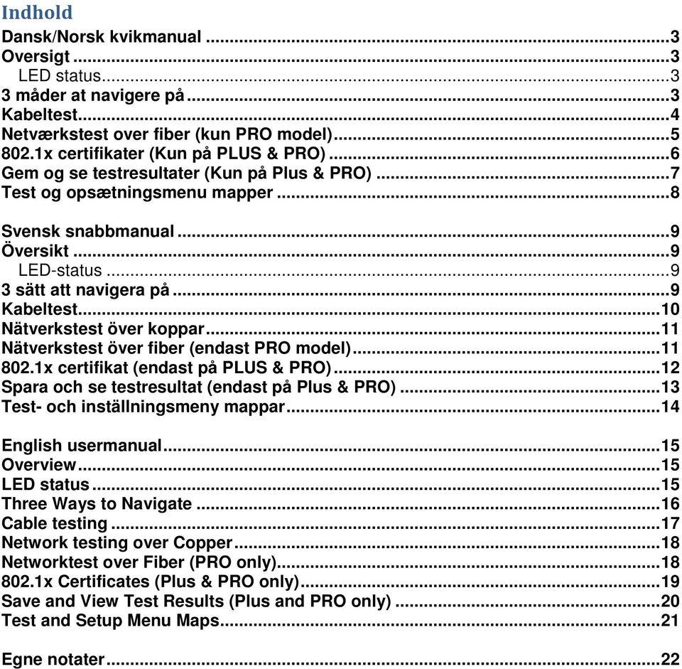 .. 10 Nätverkstest över koppar... 11 Nätverkstest över fiber (endast PRO model)... 11 802.1x certifikat (endast på PLUS & PRO)... 12 Spara och se testresultat (endast på Plus & PRO).