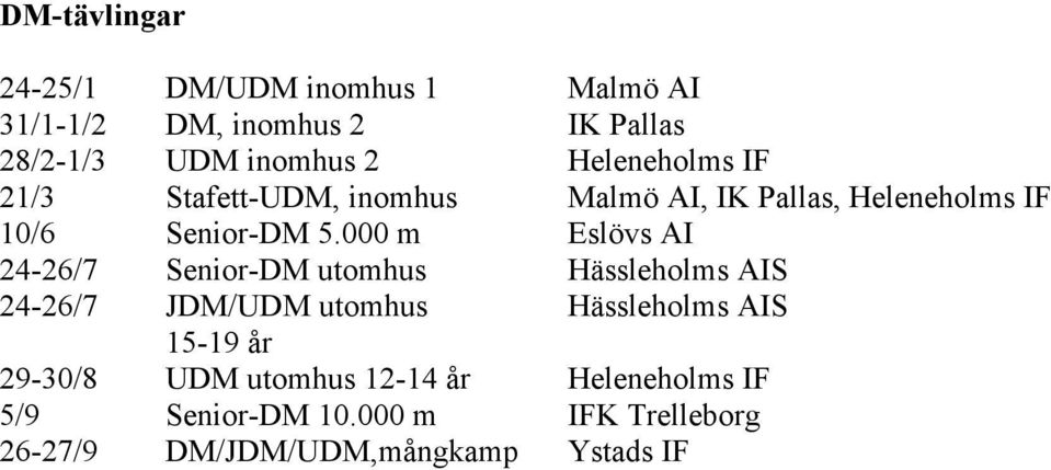 000 m Eslövs AI 24-26/7 Senior-DM utomhus Hässleholms AIS 24-26/7 JDM/UDM utomhus Hässleholms AIS 15-19