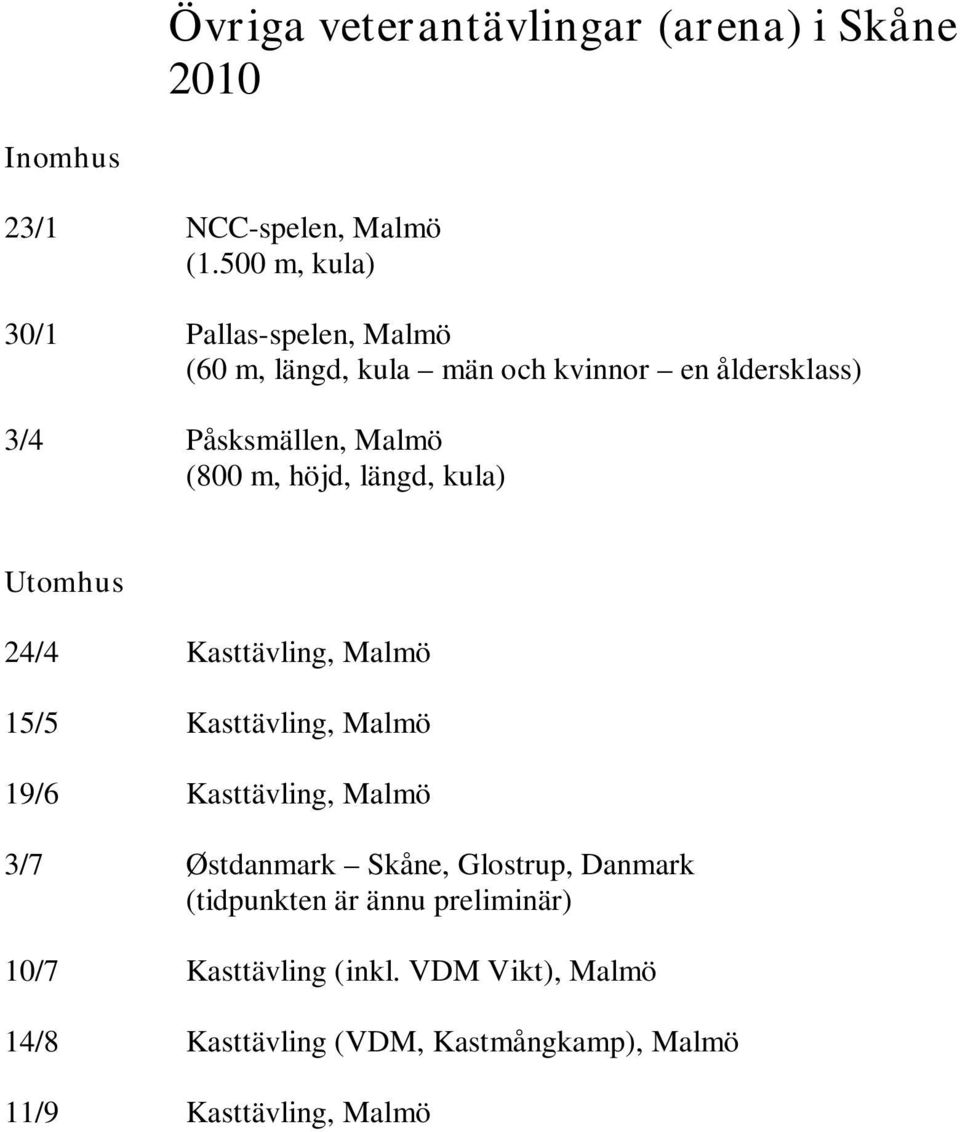 m, höjd, längd, kula) Utomhus 24/4 Kasttävling, Malmö 15/5 Kasttävling, Malmö 19/6 Kasttävling, Malmö 3/7 Østdanmark