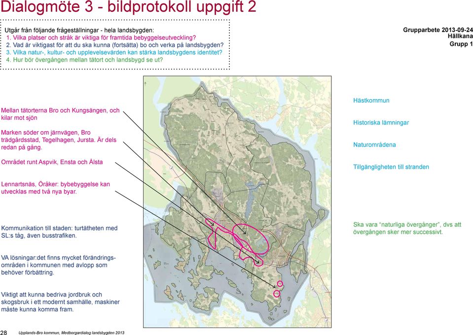 Grupparbete 2013-09-24 Grupp 1 Mellan tätorterna Bro och Kungsängen, och kilar mot sjön Marken söder om järnvägen, Bro trädgårdsstad, Tegelhagen, Jursta. Är dels redan på gång.