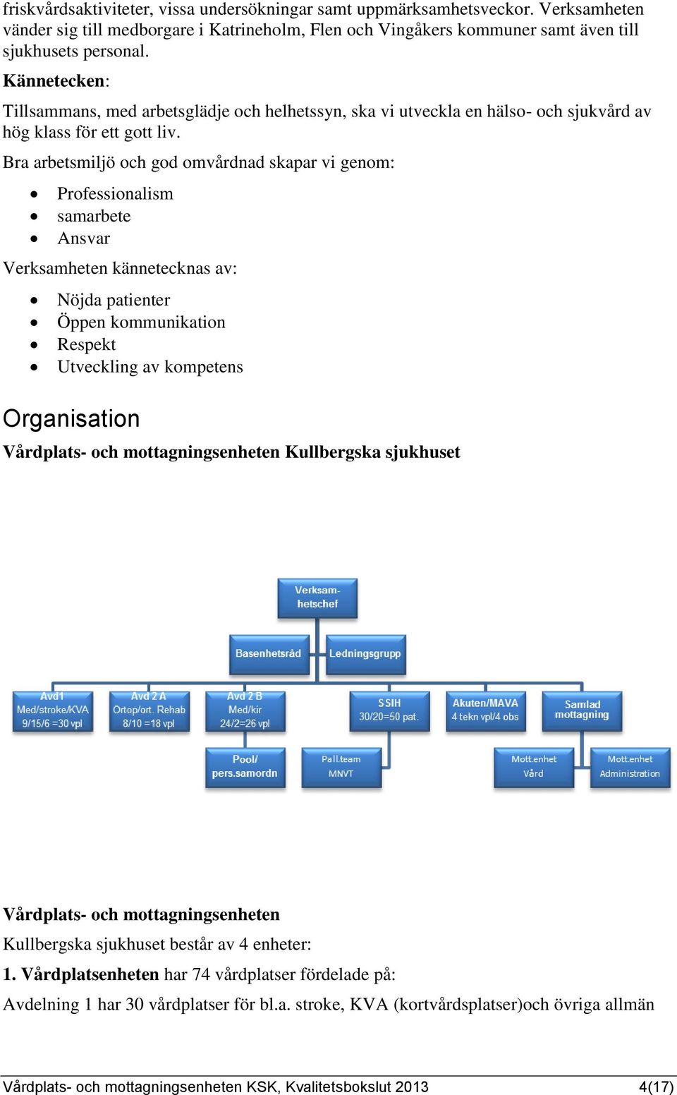 Bra arbetsmiljö och god omvårdnad skapar vi genom: Professionalism samarbete Ansvar Verksamheten kännetecknas av: Nöjda patienter Öppen kommunikation Respekt Utveckling av kompetens Organisation