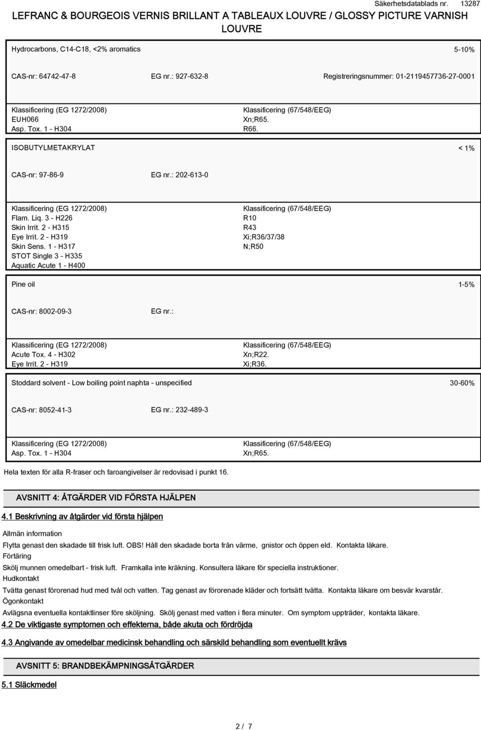 1 - H317 STOT Single 3 - H335 Aquatic Acute 1 - H400 R10 R43 Xi;R36/37/38 N;R50 Pine oil 1-5% CAS-nr: 8002-09-3 EG nr.: Acute Tox. 4 - H302 Eye Irrit. 2 - H319 Xn;R22. Xi;R36. Stoddard solvent - Low boiling point naphta - unspecified 30-60% CAS-nr: 8052-41-3 EG nr.