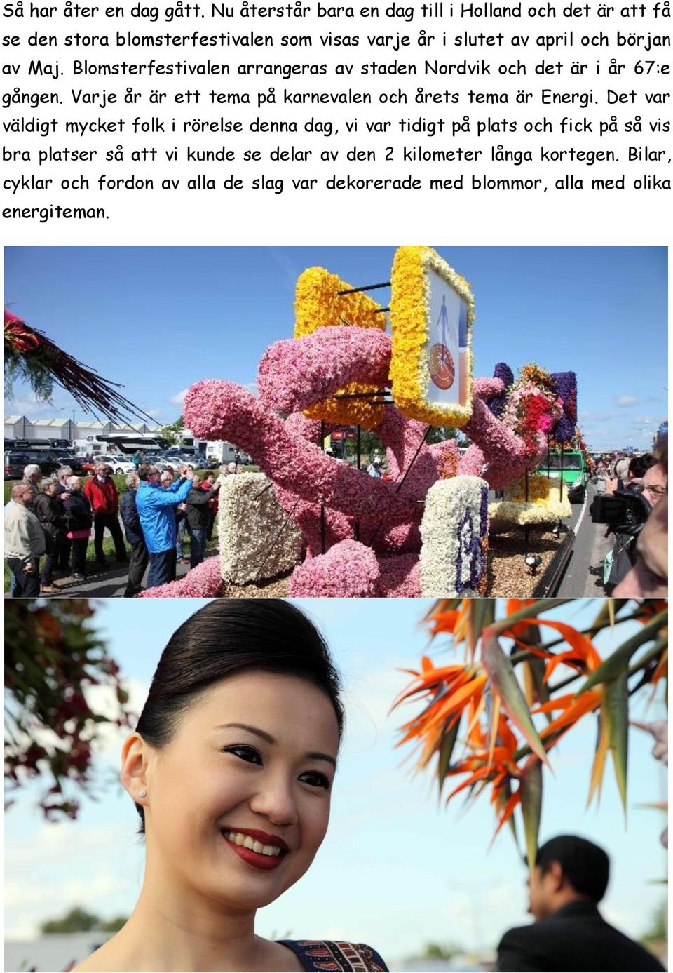 Maj. Blomsterfestivalen arrangeras av staden Nordvik och det är i år 67:e gången. Varje år är ett tema på karnevalen och årets tema är Energi.