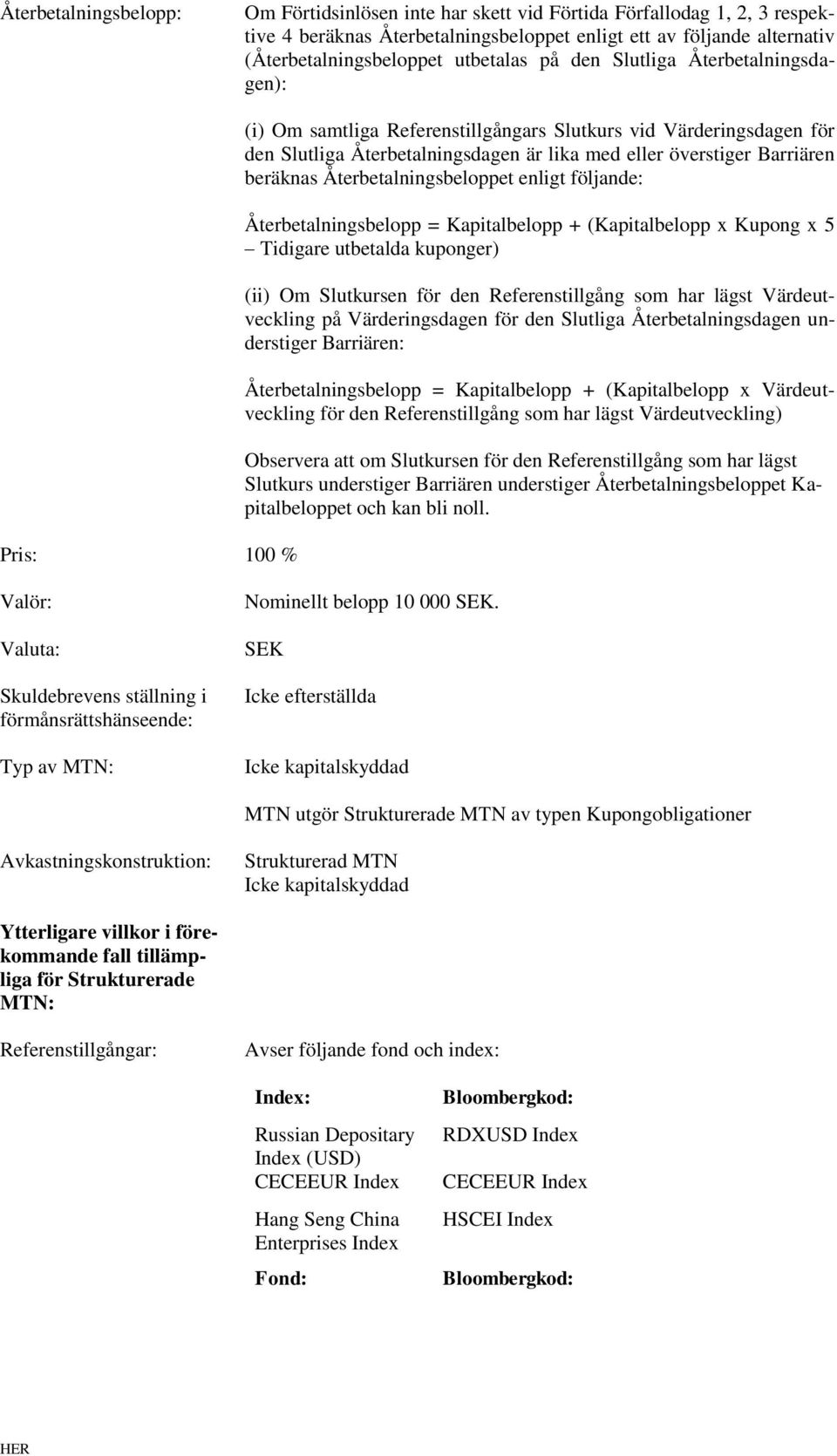 Återbetalningsbeloppet enligt följande: Återbetalningsbelopp = Kapitalbelopp + (Kapitalbelopp x Kupong x 5 Tidigare utbetalda kuponger) (ii) Om Slutkursen för den Referenstillgång som har lägst