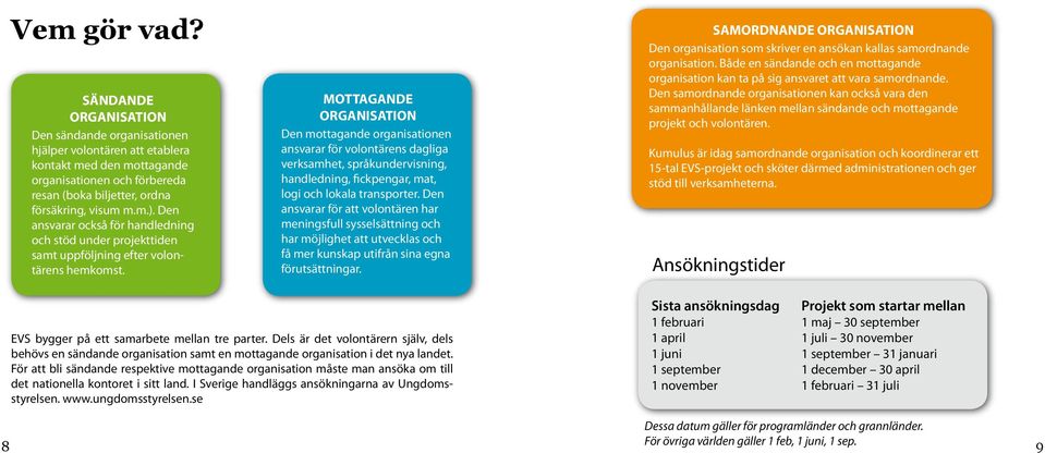 MOTTAGANDE ORGANISATION Den mottagande organisationen ansvarar för volontärens dagliga verksamhet, språkundervisning, handledning, fickpengar, mat, logi och lokala transporter.