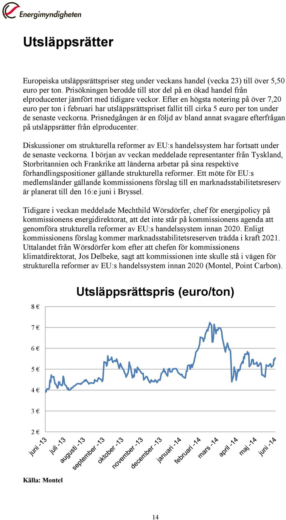 Efter en högsta notering på över 7,20 euro per ton i februari har utsläppsrättspriset fallit till cirka 5 euro per ton under de senaste veckorna.