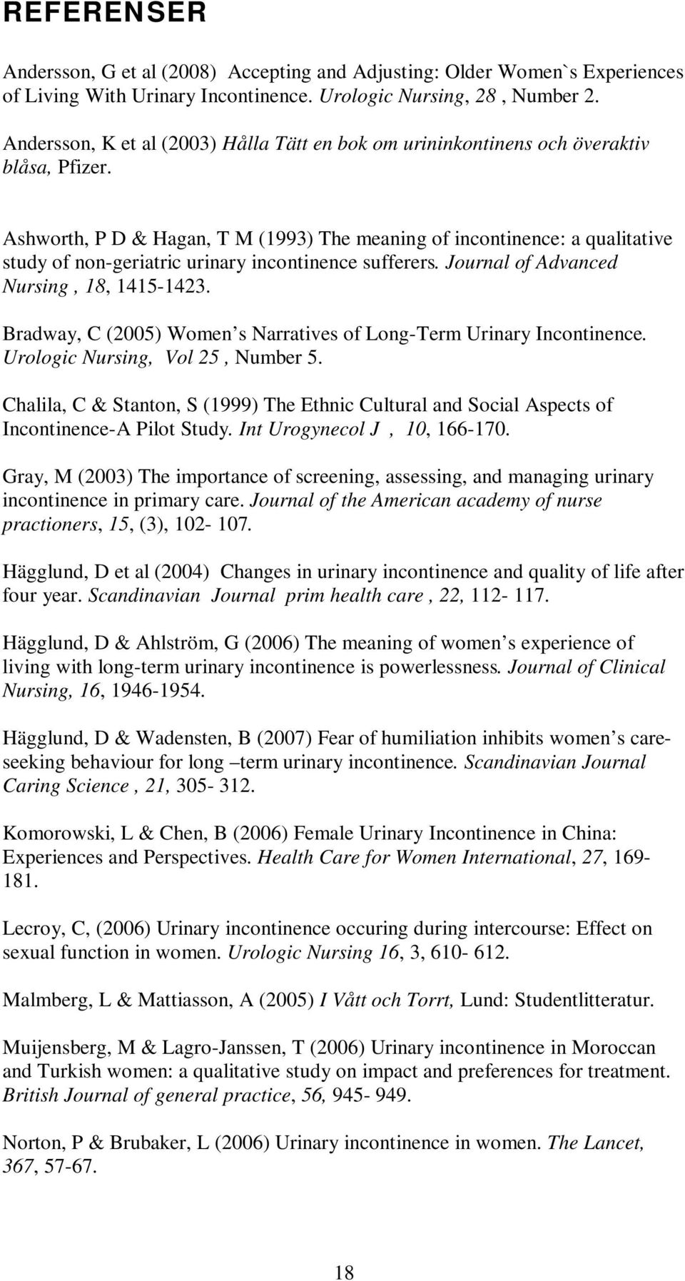 Ashworth, P D & Hagan, T M (1993) The meaning of incontinence: a qualitative study of non-geriatric urinary incontinence sufferers. Journal of Advanced Nursing, 18, 1415-1423.