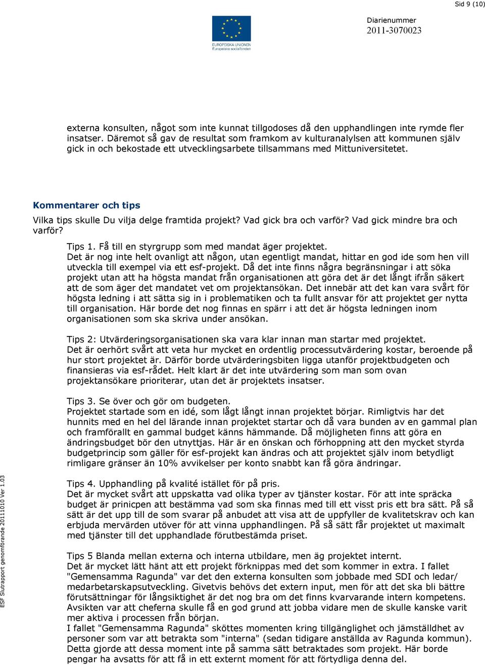 Kommentarer och tips Vilka tips skulle Du vilja delge framtida projekt? Vad gick bra och varför? Vad gick mindre bra och varför? Tips 1. Få till en styrgrupp som med mandat äger projektet.