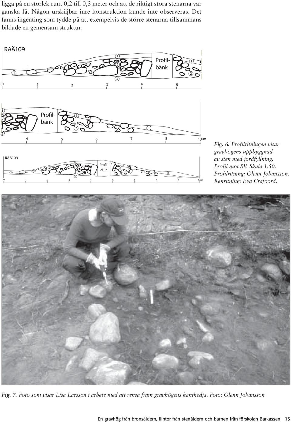 RAÄ109 1 3 0 1 2 3 4 5 1 2 1 2 1 2 3 RAÄ109 1 1 2 1 4 5 6 7 8 9,0m 1 2 3 Profilbänk Profilbänk Profilbänk 0 1 2 3 4 5 6 7 8 9,0m 1 2 1 Fig. 6. Profilritningen visar gravhögens uppbyggnad av sten med jordfyllning.