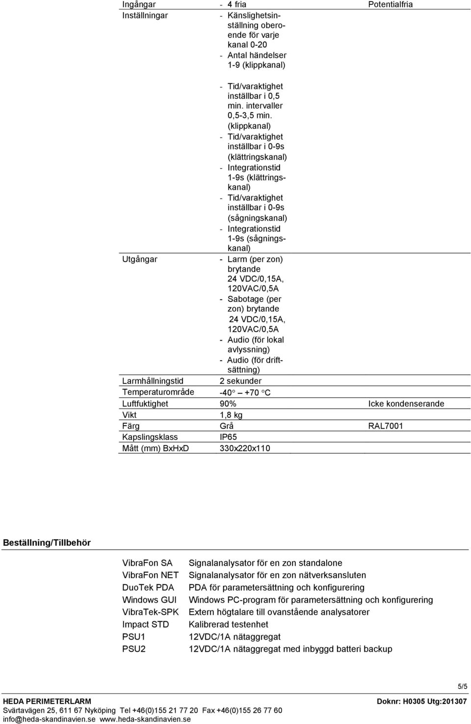 24 VDC/0,15A, 120VAC/0,5A - Sabotage (per zon) brytande 24 VDC/0,15A, 120VAC/0,5A - Audio (för lokal avlyssning) - Audio (för driftsättning) Larmhållningstid 2 sekunder Temperaturområde 40 +70 C