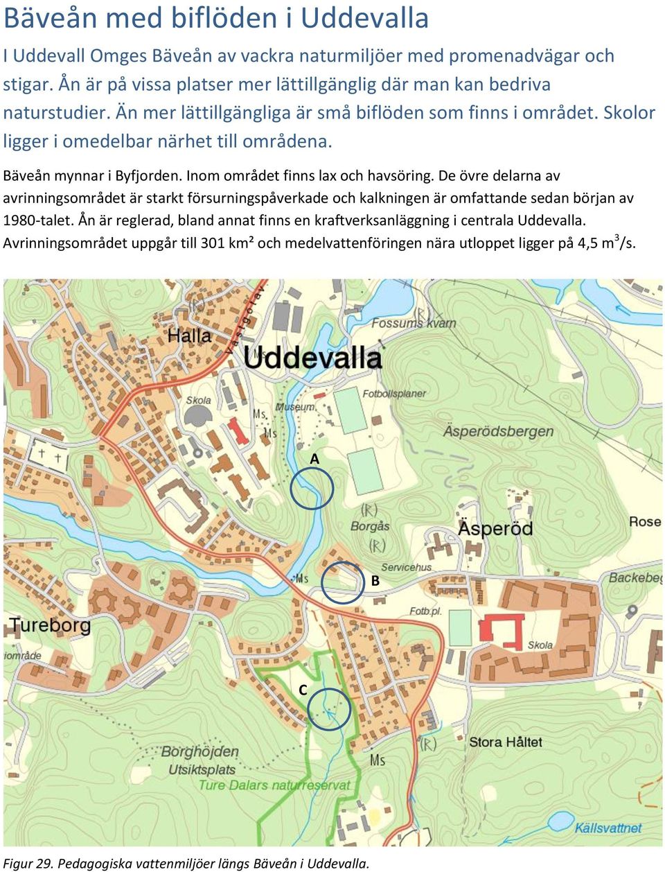 Skolor ligger i omedelbar närhet till områdena. Bäveån mynnar i Byfjorden. Inom området finns lax och havsöring.